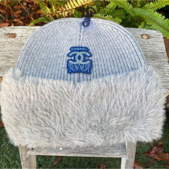 NWT New C.C. Grey Fuzzy Beanie/Hat w/Laser Engraved Non-Branded Chanel Patch OS - Picture 5 of 9